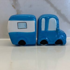 Blue Car and Camper Trailer Salt and Pepper Set